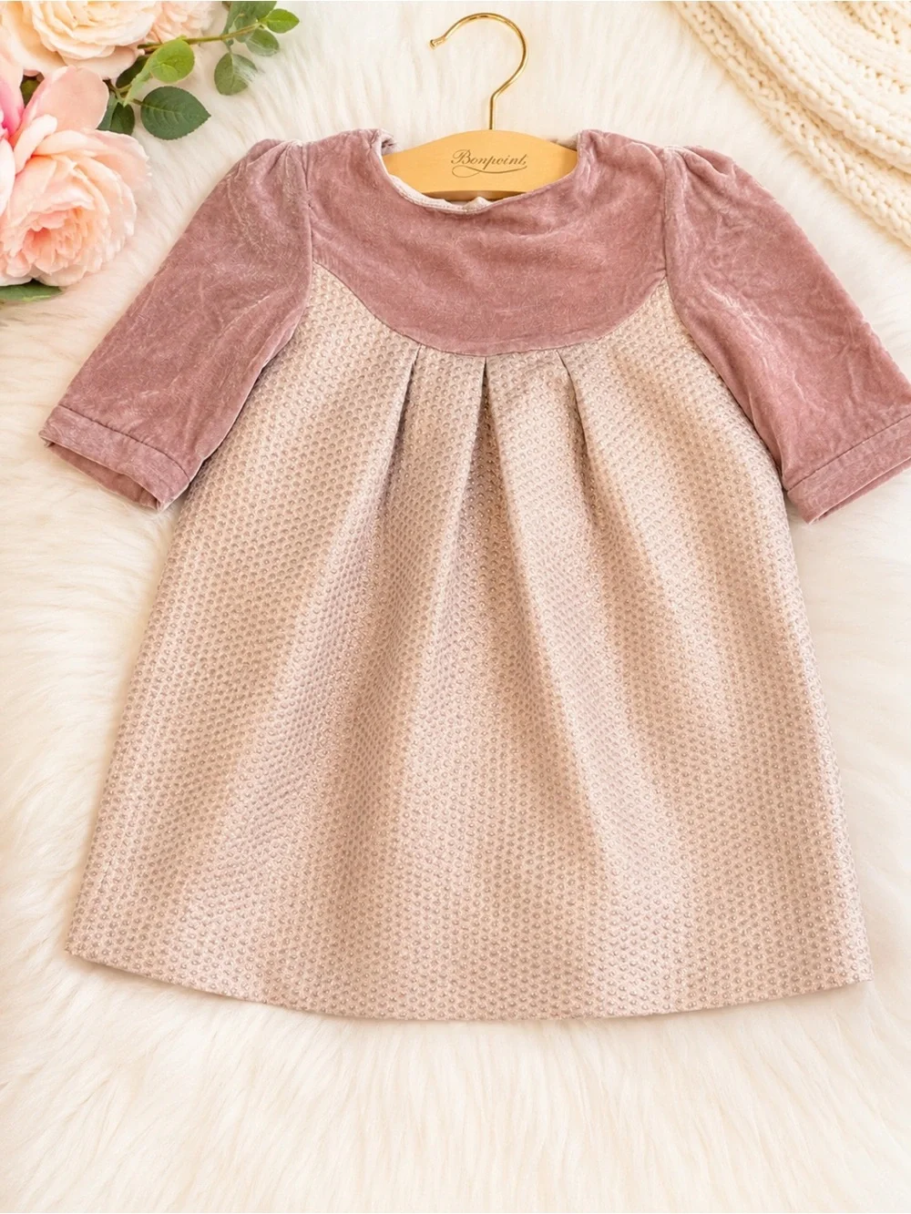Bonpoint Pink Velvet Yoke Textured Dress